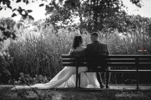 Brautpaar auf einer Bank am Schwanenteich in Zwickau